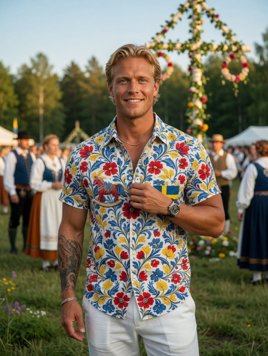 Men's Retro Swedish Midsummer Folk Floral Cotton-Linen Short-Sleeve Shirts