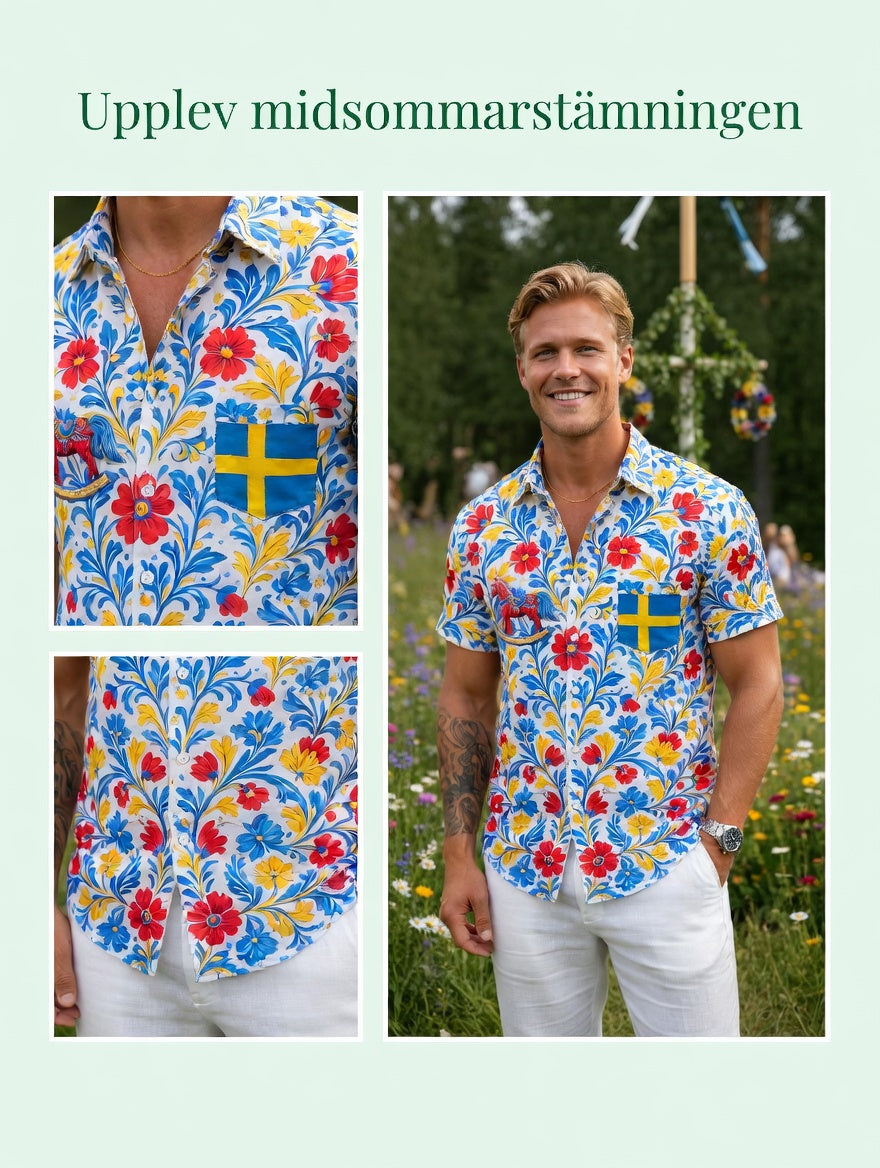 Men's Retro Swedish Midsummer Folk Floral Cotton-Linen Short-Sleeve Shirts