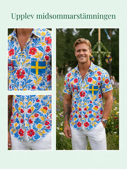 Men's Retro Swedish Midsummer Folk Floral Cotton-Linen Short-Sleeve Shirts