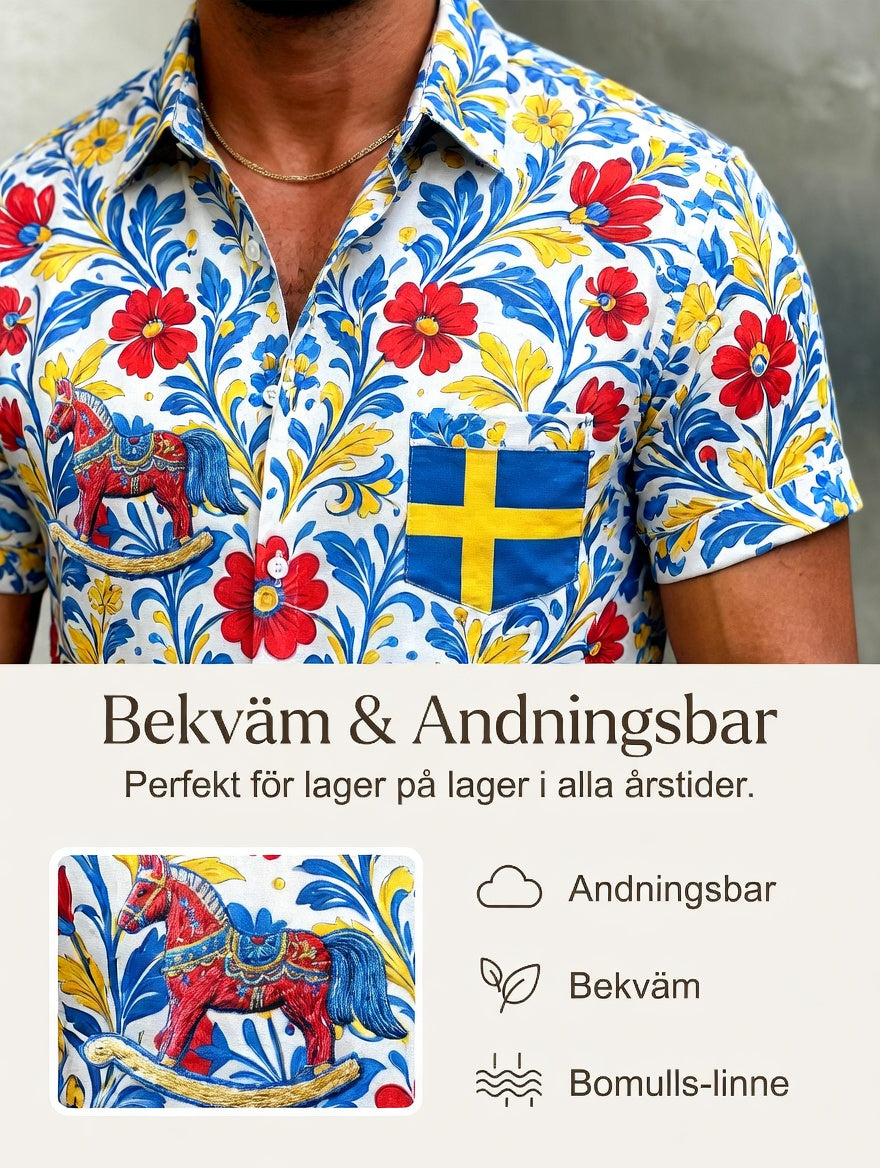 Men's Retro Swedish Midsummer Folk Floral Cotton-Linen Short-Sleeve Shirts