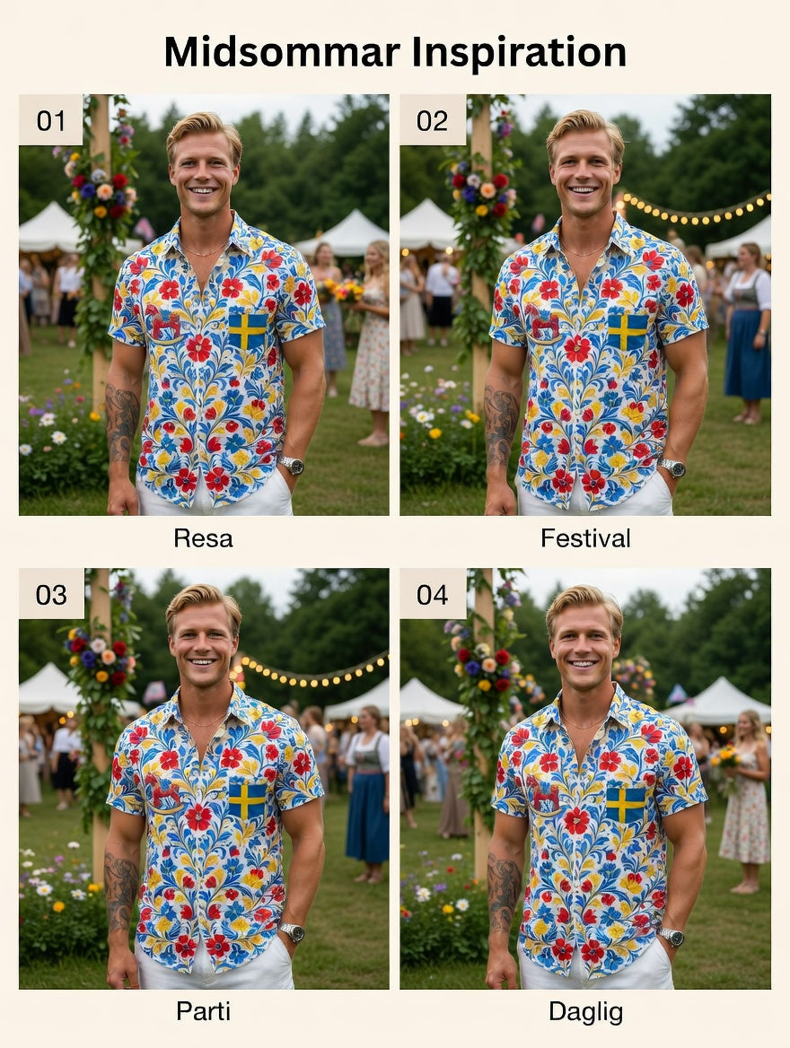 Men's Retro Swedish Midsummer Folk Floral Cotton-Linen Short-Sleeve Shirts