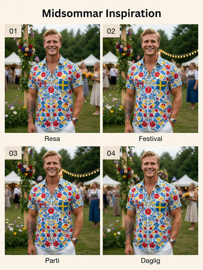 Men's Retro Swedish Midsummer Folk Floral Cotton-Linen Short-Sleeve Shirts