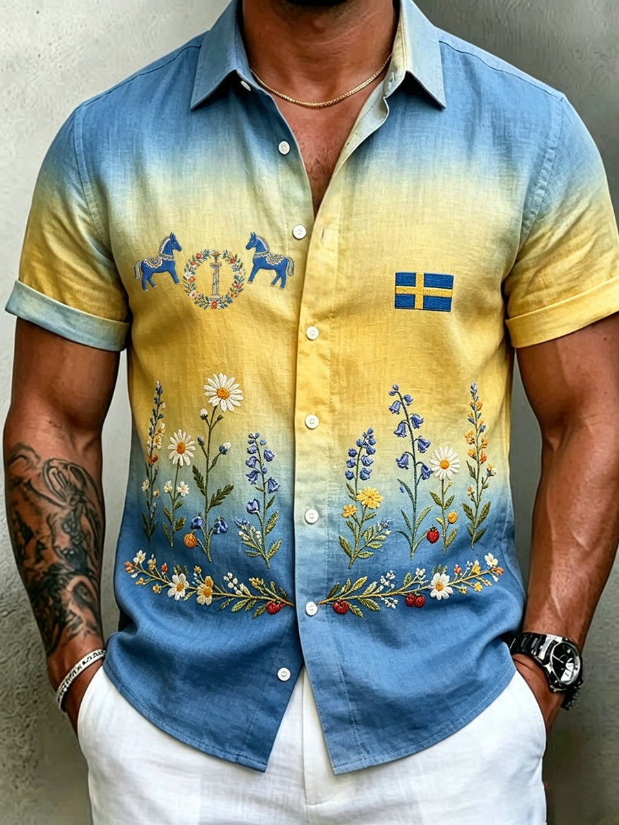 Men's Retro Swedish Midsummer Folk Floral Cotton-Linen Short-Sleeve Shirts