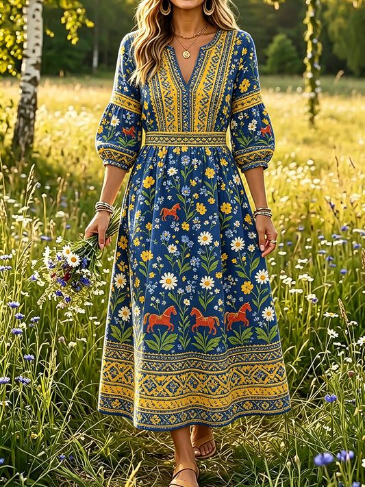 Women’s Swedish Midsummer Dala Horse Print Casual Fashion Cotton-Linen V-Neck Dress