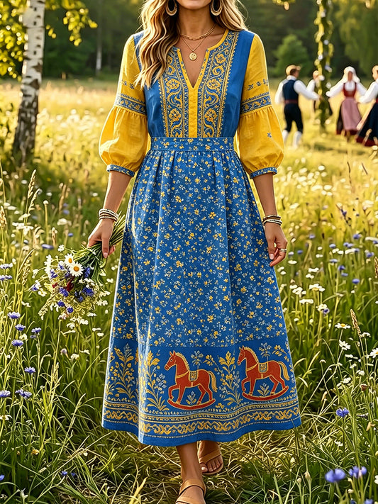 Women’s Swedish Midsummer Dala Horse Print Casual Fashion Cotton-Linen V-Neck Dress