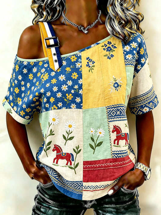 Women's Swedish Midsummer Festival Commemorative Art Print Off-Shoulder Top