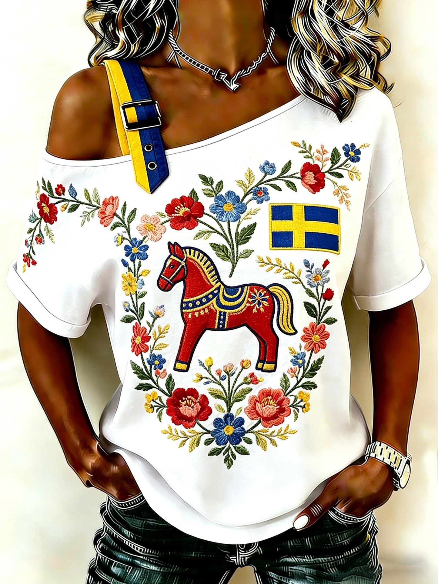 Women's Swedish Midsummer Festival Commemorative Art Print Off-Shoulder Top