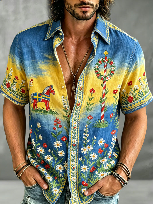 Men's Swedish Midsummer Festival Commemorative Art Print Short-Sleeve Shirt
