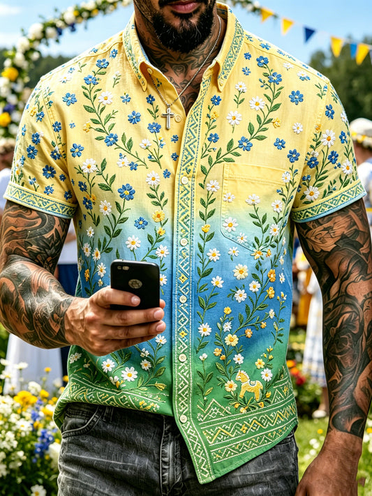 Men's Swedish Midsummer Festival Commemorative Art Print Short-Sleeve Shirt