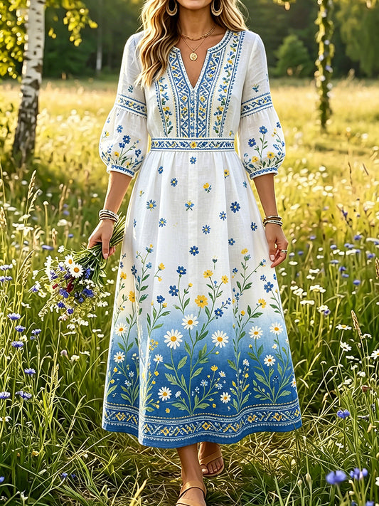 Women’s Swedish Midsummer Dala Horse Print Casual Fashion Cotton-Linen V-Neck Dress