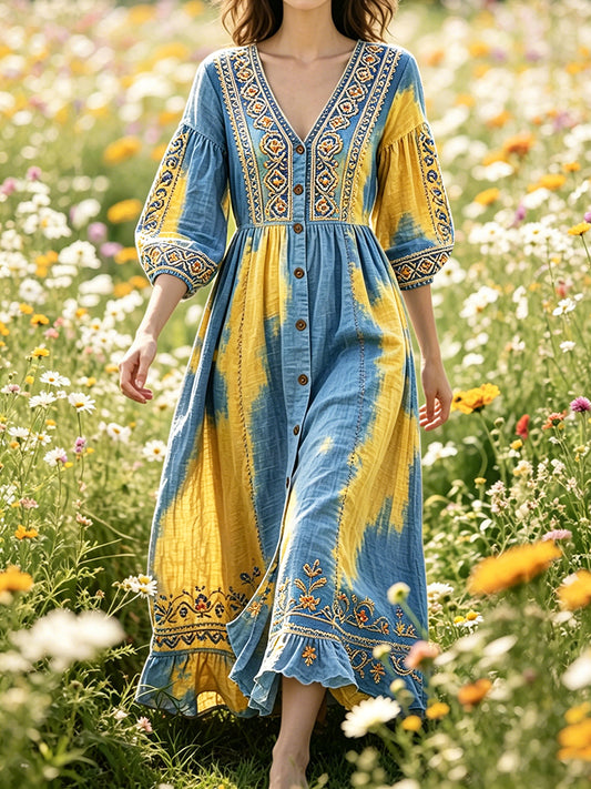 Women’s Swedish Summer Solstice Print Casual V-neck Linen-Cotton Dress
