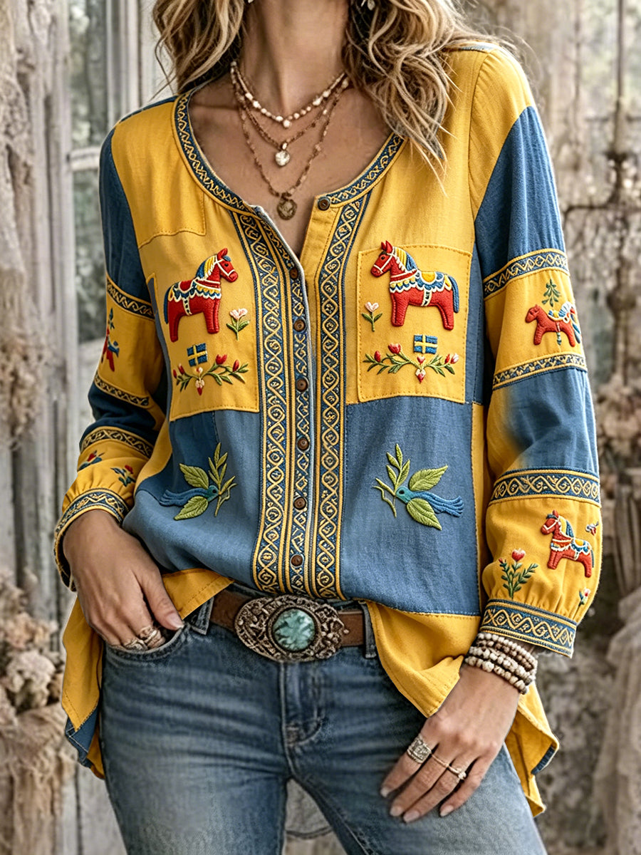 Women’s Swedish Dala Horse Midsummer Patchwork Print Casual Cotton-Linen Shirt