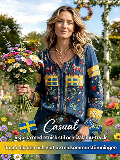 Women’s Swedish Midsummer Patchwork Print Casual Cotton-Linen Shirt