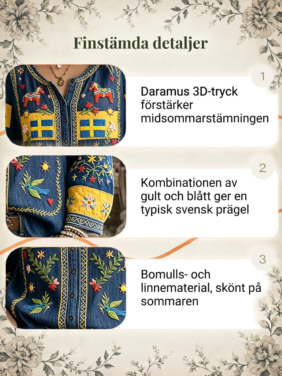 Women’s Swedish Midsummer Patchwork Print Casual Cotton-Linen Shirt