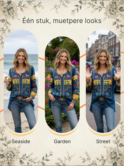 Women’s Swedish Midsummer Patchwork Print Casual Cotton-Linen Shirt