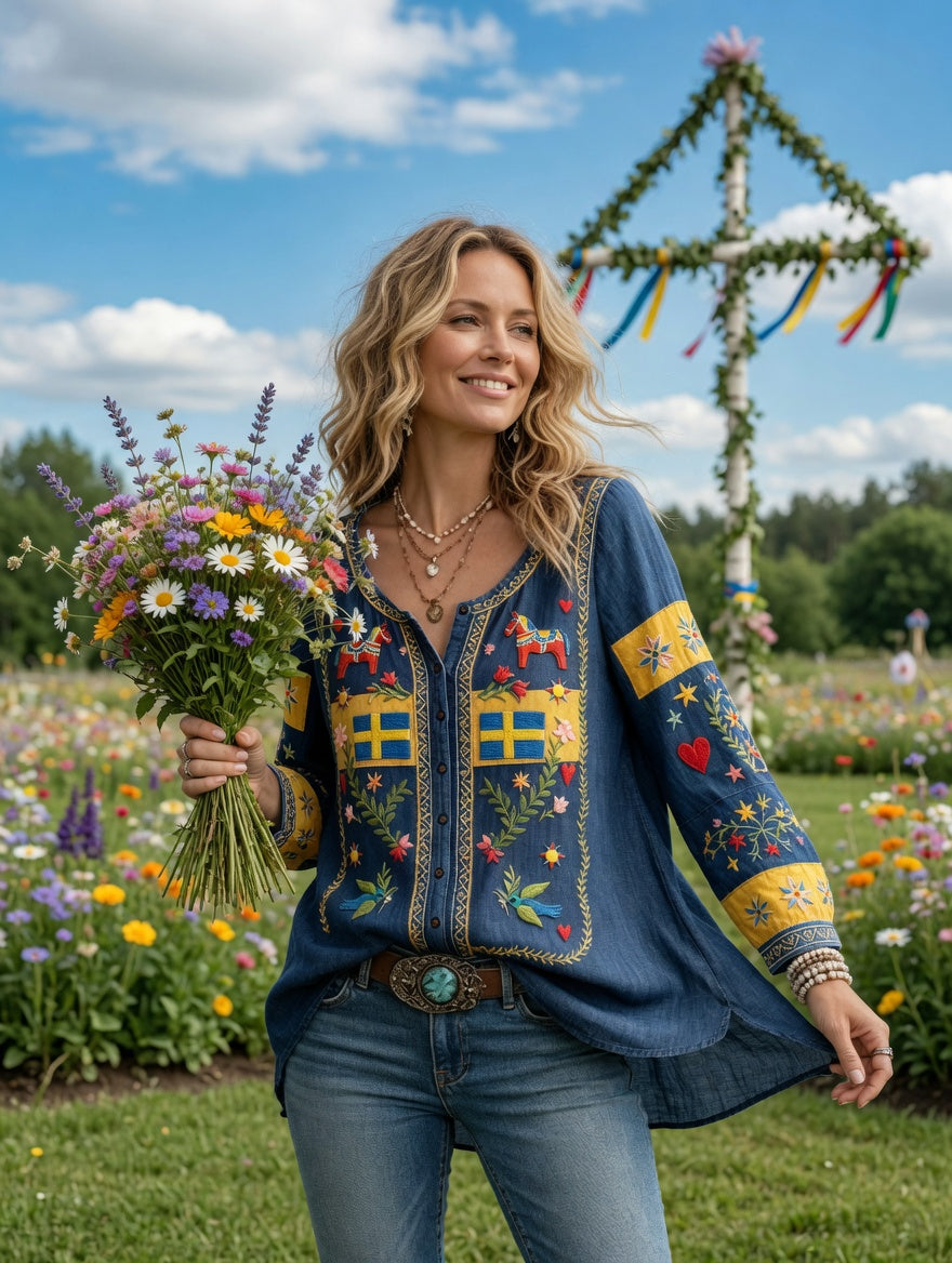 Women’s Swedish Midsummer Patchwork Print Casual Cotton-Linen Shirt