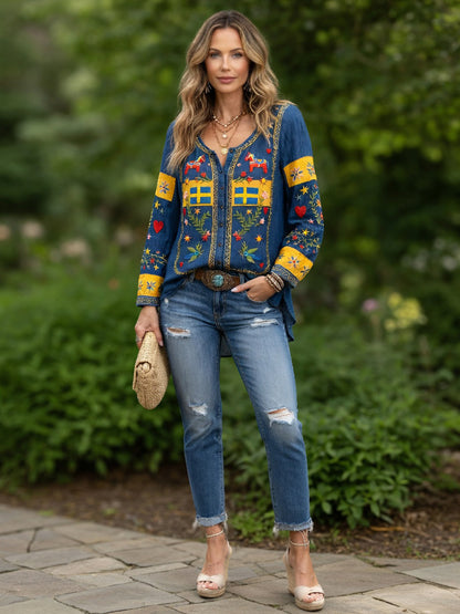 Women’s Swedish Midsummer Patchwork Print Casual Cotton-Linen Shirt