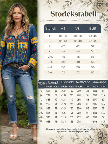 Women’s Swedish Midsummer Patchwork Print Casual Cotton-Linen Shirt