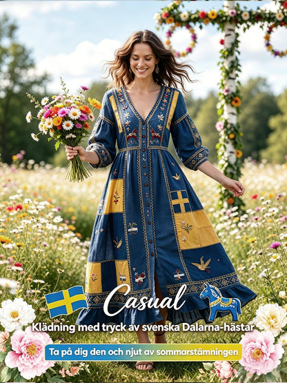 Women’s Swedish Dala Horse Midsummer Patchwork Print Casual V-neck Dress