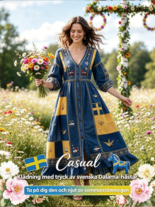 Women’s Swedish Dala Horse Midsummer Patchwork Print Casual V-neck Dress