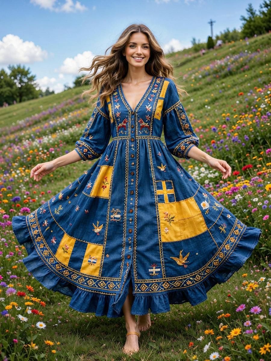 Women’s Swedish Dala Horse Midsummer Patchwork Print Casual V-neck Dress