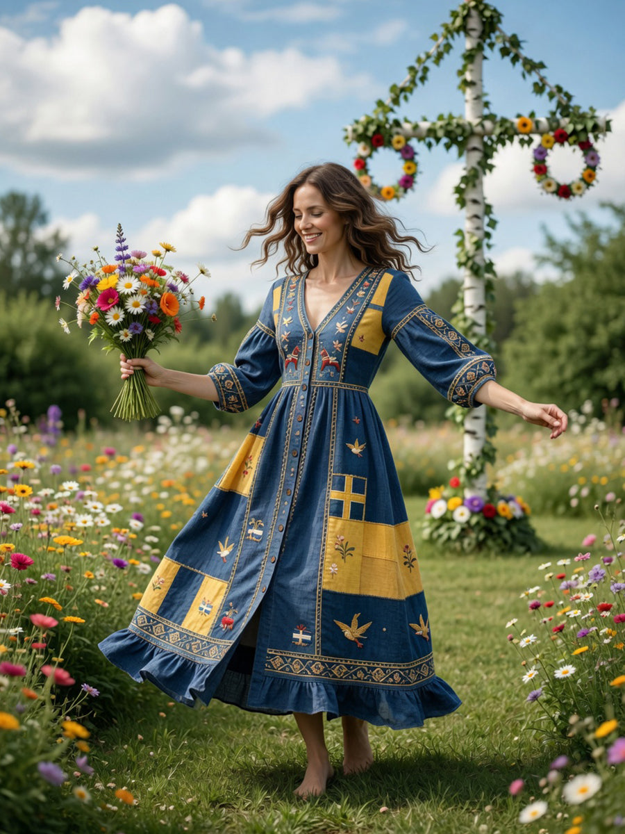 Women’s Swedish Dala Horse Midsummer Patchwork Print Casual V-neck Dress