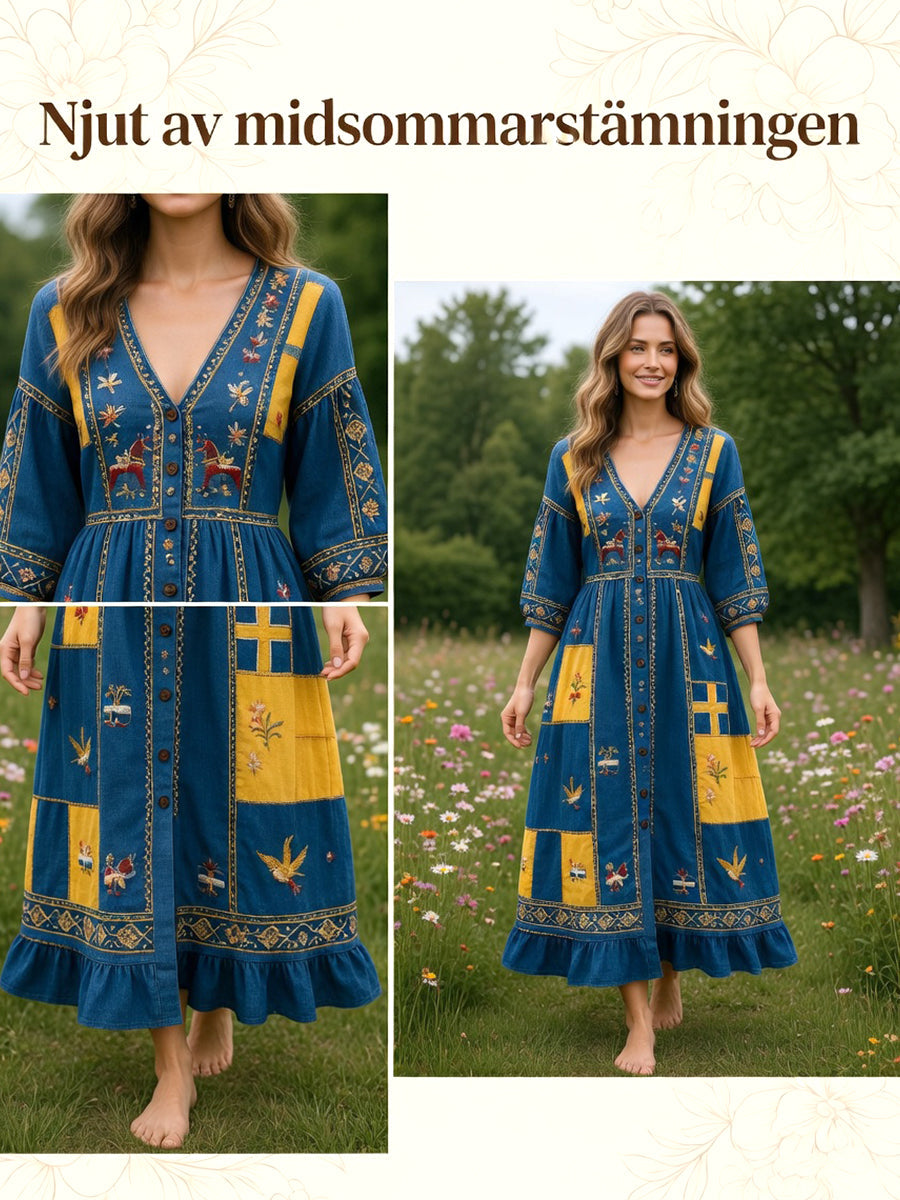 Women’s Swedish Dala Horse Midsummer Patchwork Print Casual V-neck Dress