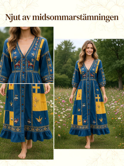Women’s Swedish Dala Horse Midsummer Patchwork Print Casual V-neck Dress