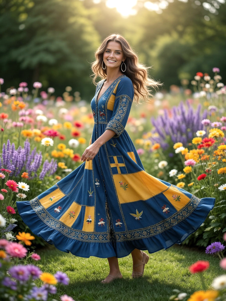Women’s Swedish Dala Horse Midsummer Patchwork Print Casual V-neck Dress