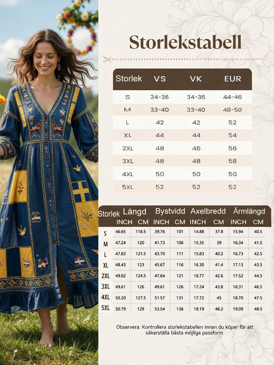 Women’s Swedish Dala Horse Midsummer Patchwork Print Casual V-neck Dress