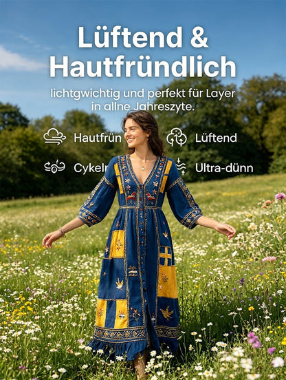 Women’s Swedish Dala Horse Midsummer Patchwork Print Casual V-neck Dress