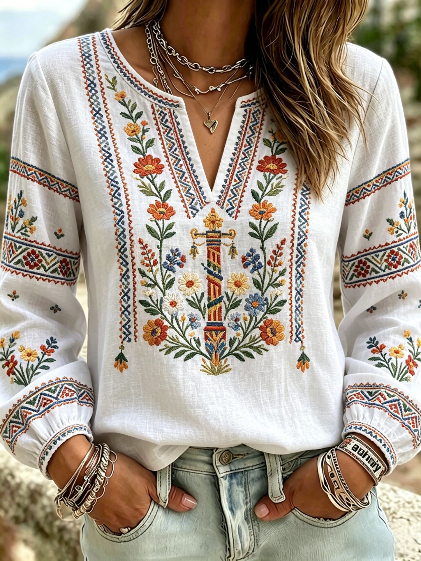 Women's Retro Swedish Midsummer Folk Floral Cotton-Linen Blouse