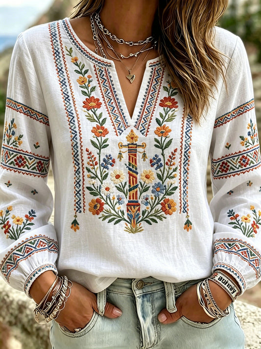 Women's Retro Swedish Midsummer Folk Floral Cotton-Linen Blouse