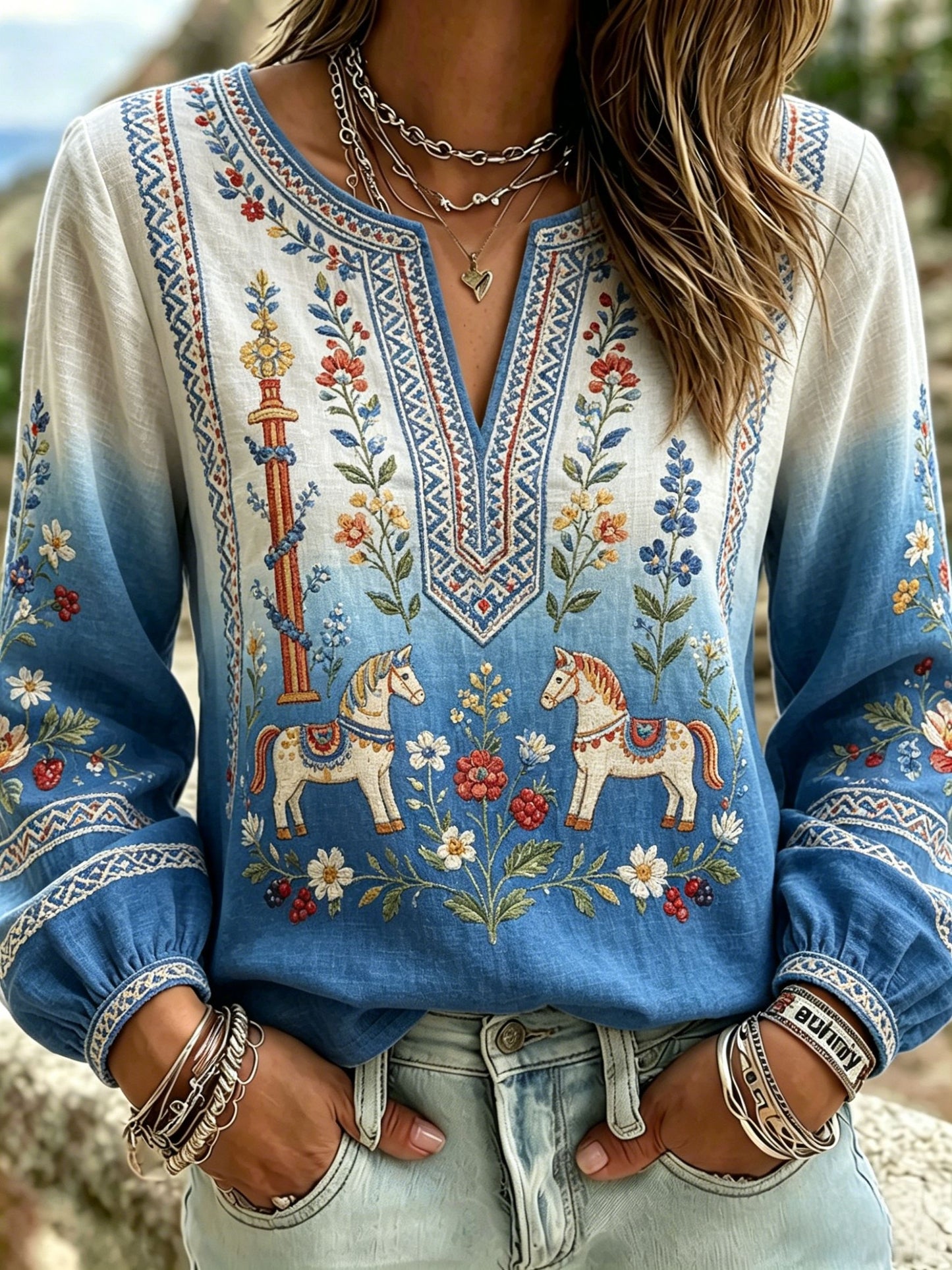 Women's Retro Swedish Midsummer Folk Floral Cotton-Linen Blouse