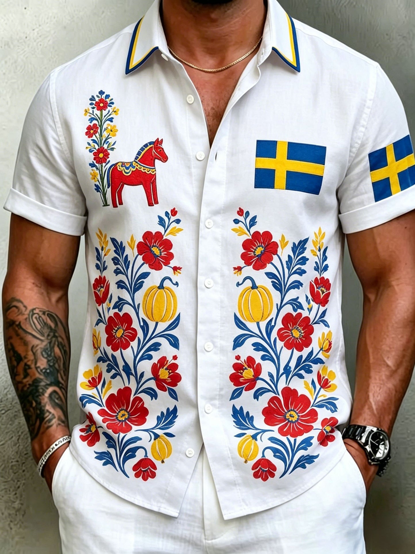 Men's Retro Swedish Midsummer Folk Floral Cotton-Linen Short-Sleeve Shirts