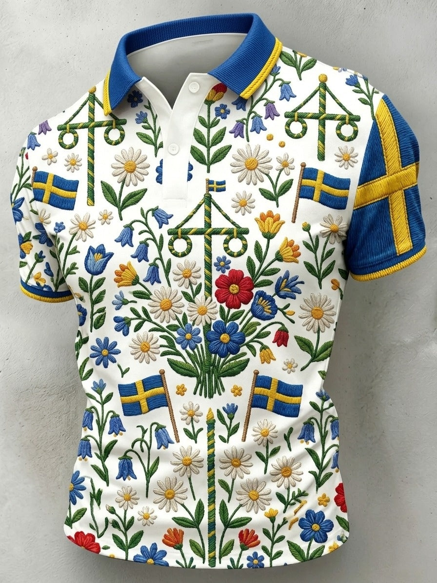 Men's Retro Swedish Midsummer Art Print Short-Sleeve Polo Shirt