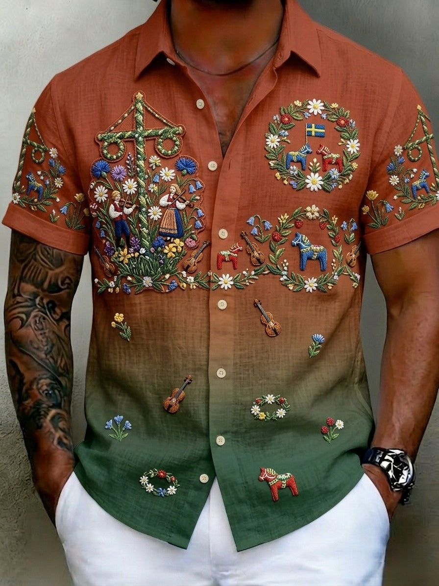 Men's Retro Swedish Midsummer Folk Floral Cotton-Linen Short-Sleeve Shirts