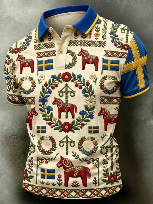 Men's Retro Swedish Midsummer Art Print Short-Sleeve Polo Shirt