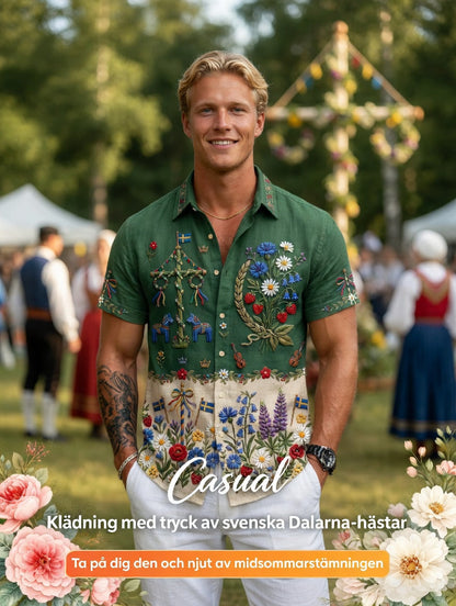Men's Retro Swedish Midsummer Folk Floral Cotton-Linen Short-Sleeve Shirts