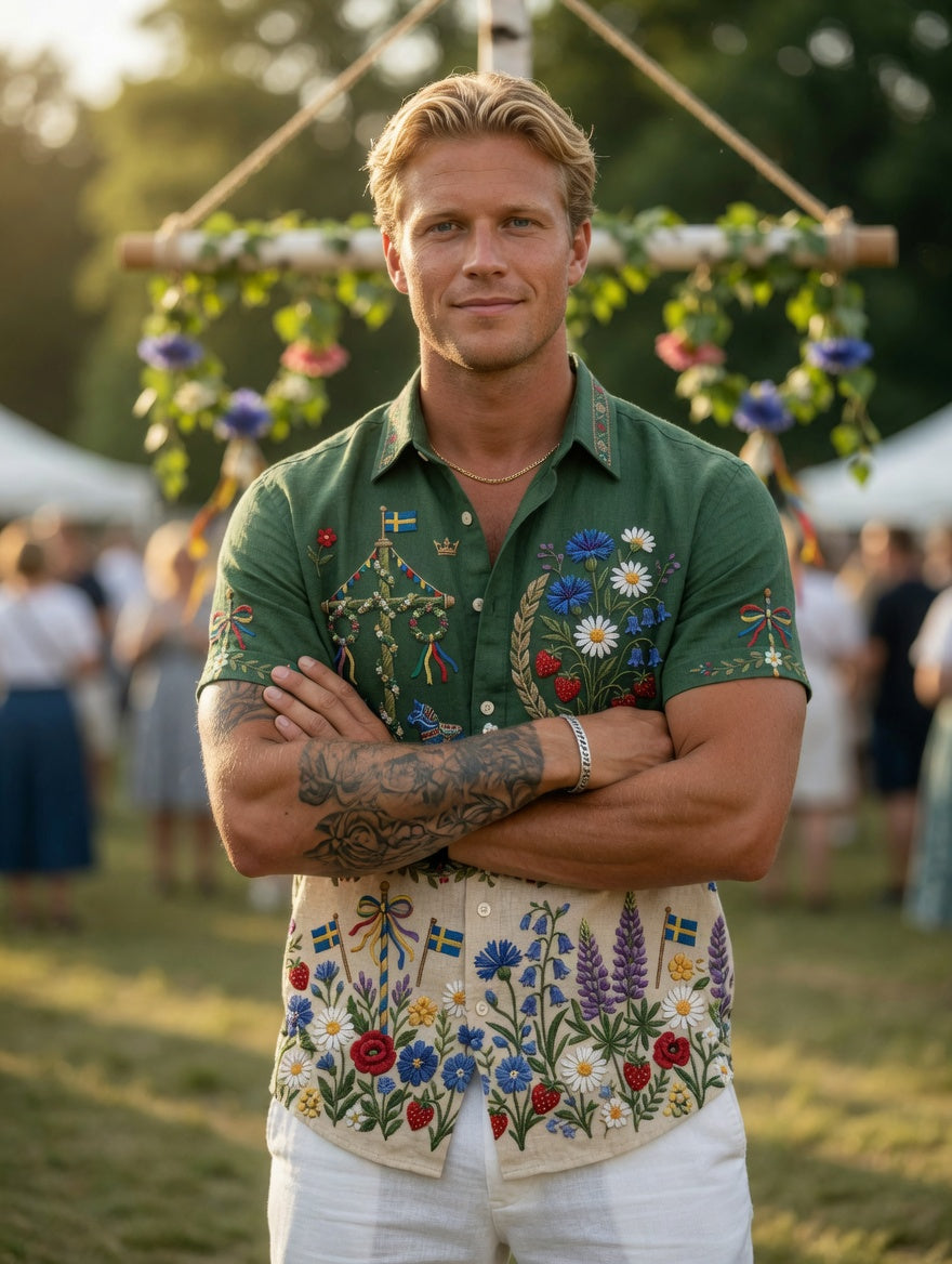Men's Retro Swedish Midsummer Folk Floral Cotton-Linen Short-Sleeve Shirts