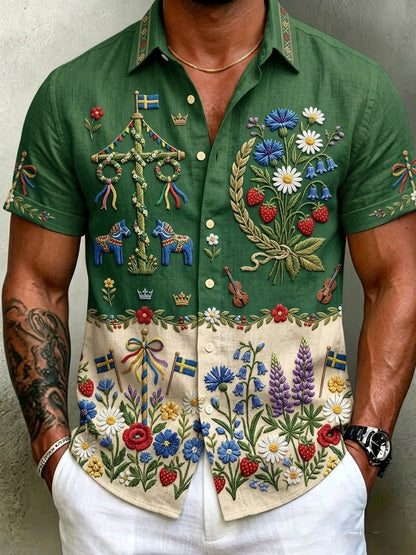 Men's Retro Swedish Midsummer Folk Floral Cotton-Linen Short-Sleeve Shirts