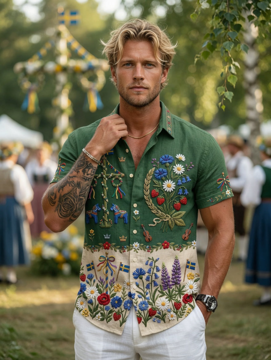 Men's Retro Swedish Midsummer Folk Floral Cotton-Linen Short-Sleeve Shirts