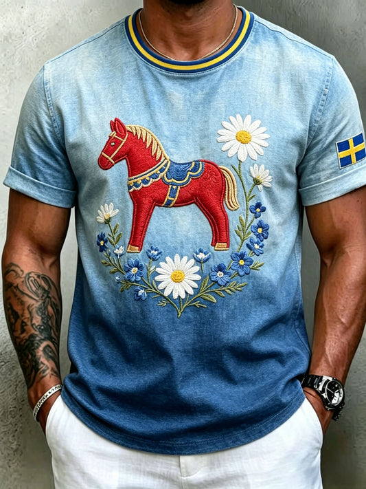 Retro Men's Swedish Midsummer Art Print Short-Sleeve T-Shirt