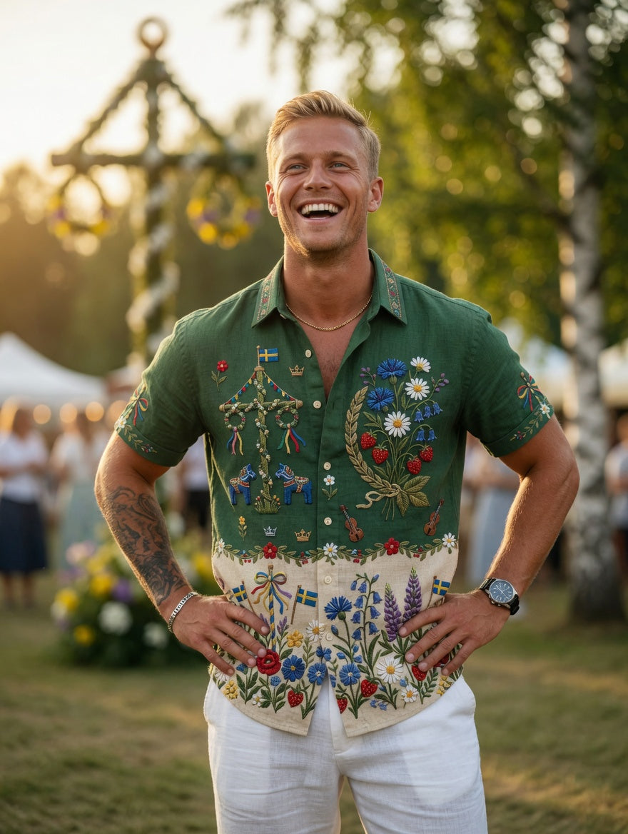 Men's Retro Swedish Midsummer Folk Floral Cotton-Linen Short-Sleeve Shirts