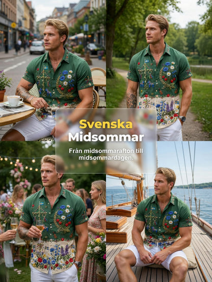 Men's Retro Swedish Midsummer Folk Floral Cotton-Linen Short-Sleeve Shirts