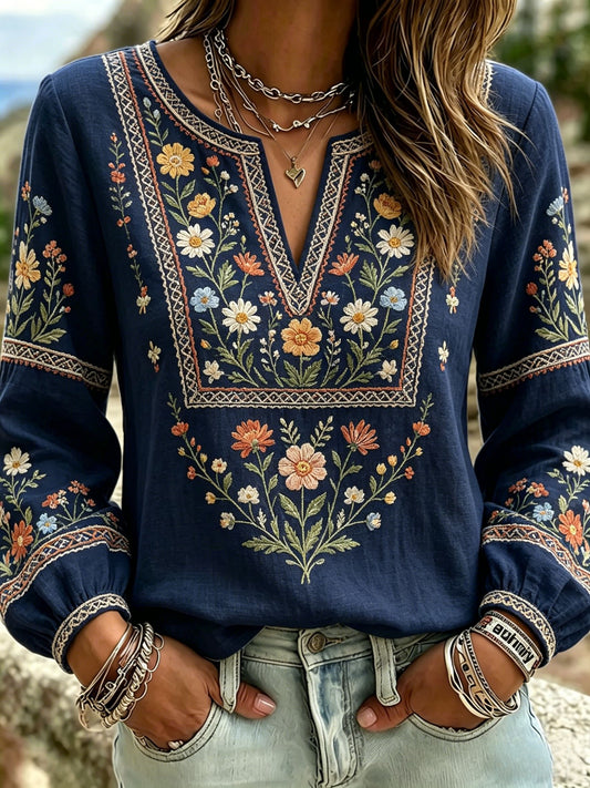 Women's Retro Swedish Midsummer Folk Floral Cotton-Linen Blouse