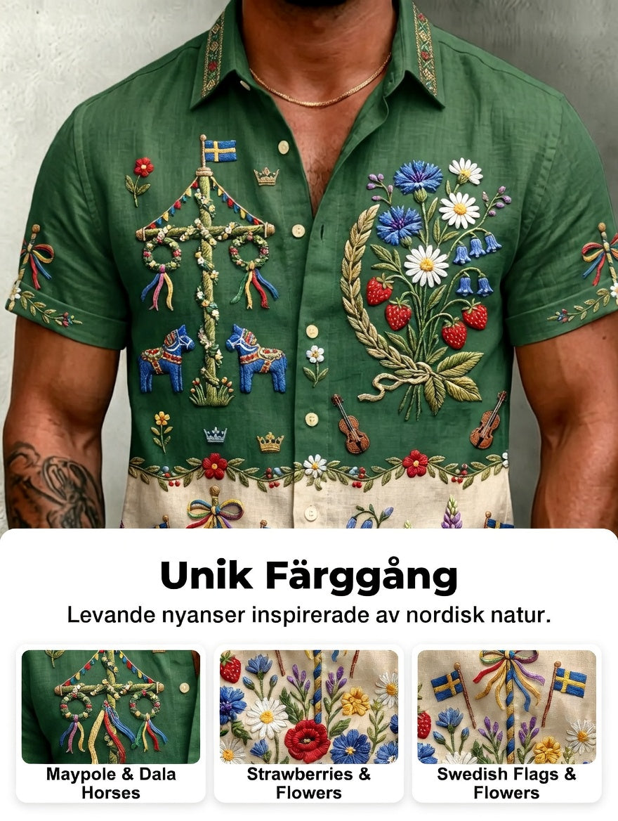 Men's Retro Swedish Midsummer Folk Floral Cotton-Linen Short-Sleeve Shirts