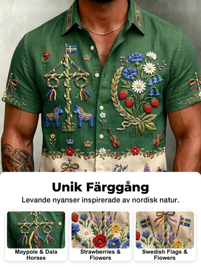 Men's Retro Swedish Midsummer Folk Floral Cotton-Linen Short-Sleeve Shirts