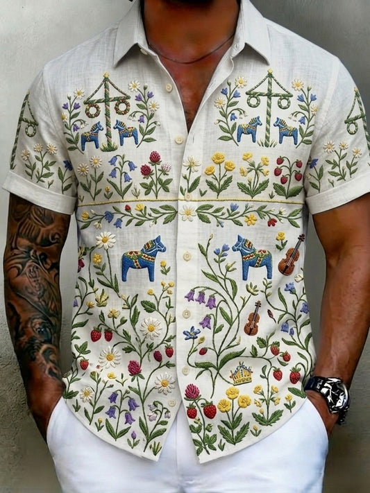 Men's Retro Swedish Midsummer Folk Floral Cotton-Linen Short-Sleeve Shirts