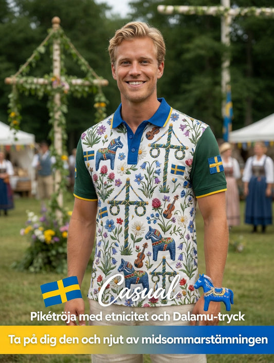 Men's Retro Swedish Midsummer Art Print Short-Sleeve Polo Shirt